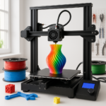 3D printer with filament spools and accessories on workbench