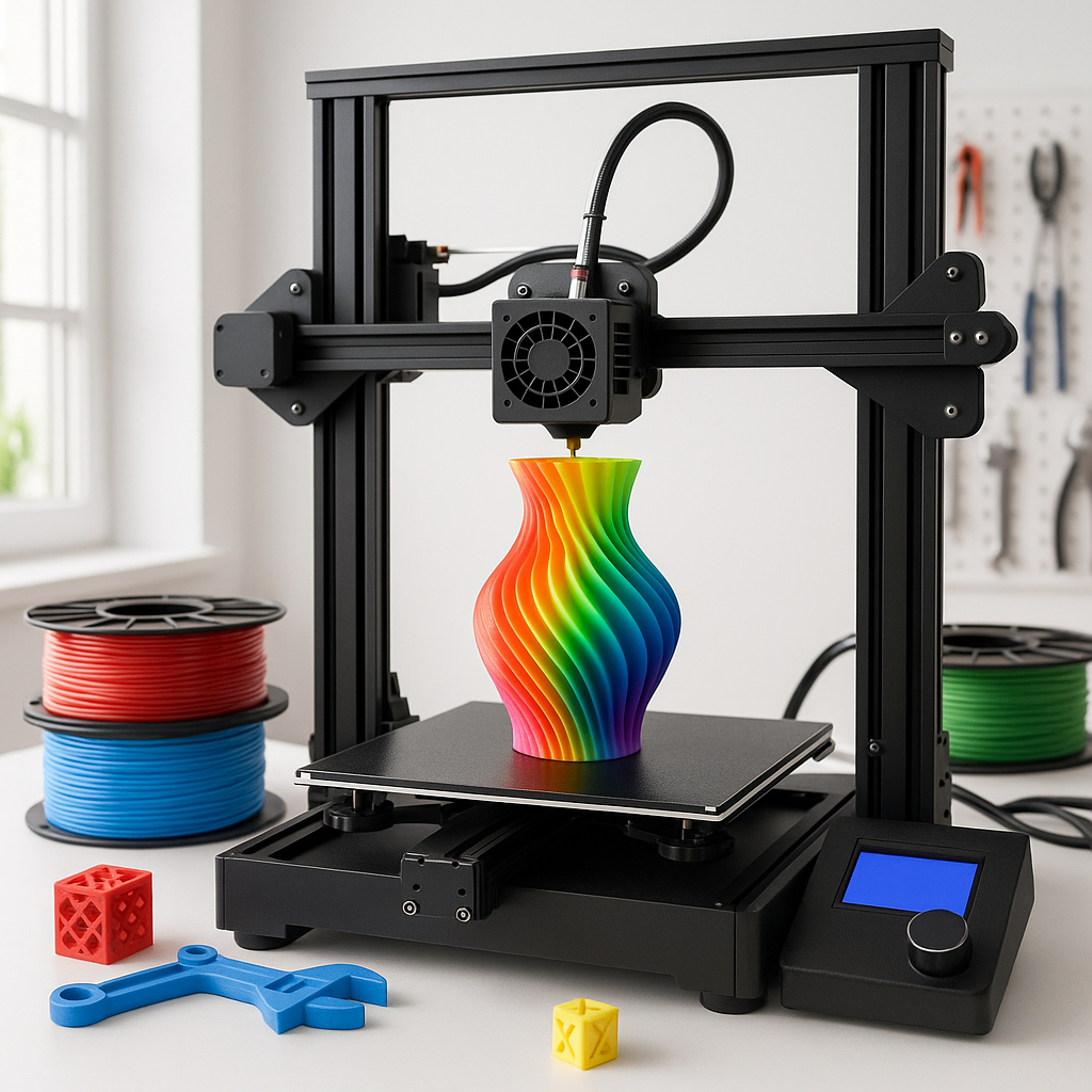 3D printer with filament spools and accessories on workbench