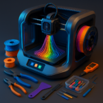 3D printer with colorful filament and 3D printing tools and accessories