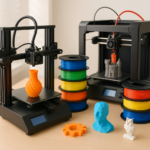 Collage of 3D printers, filaments, and 3D printed models on a workspace