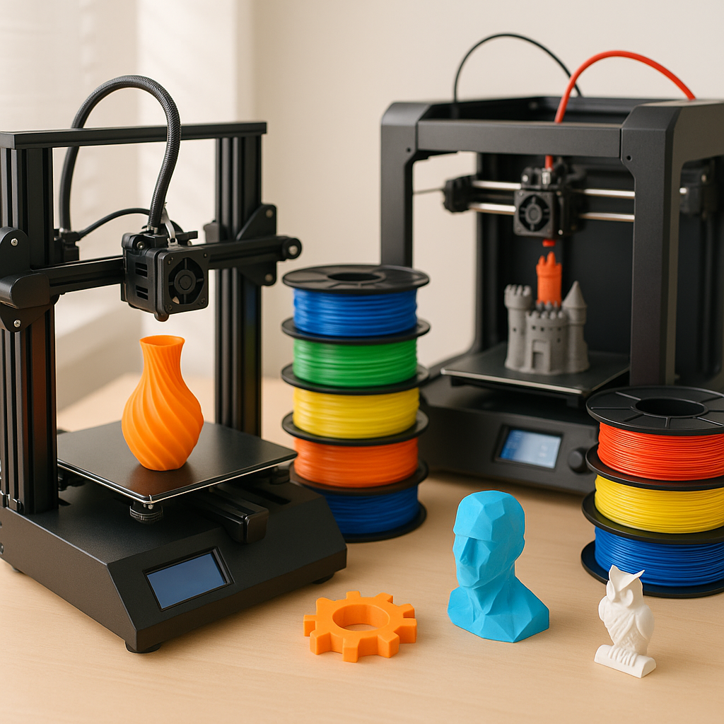 Collage of 3D printers, filaments, and 3D printed models on a workspace