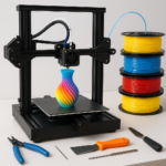 3D printer with filament spools and tools on workbench