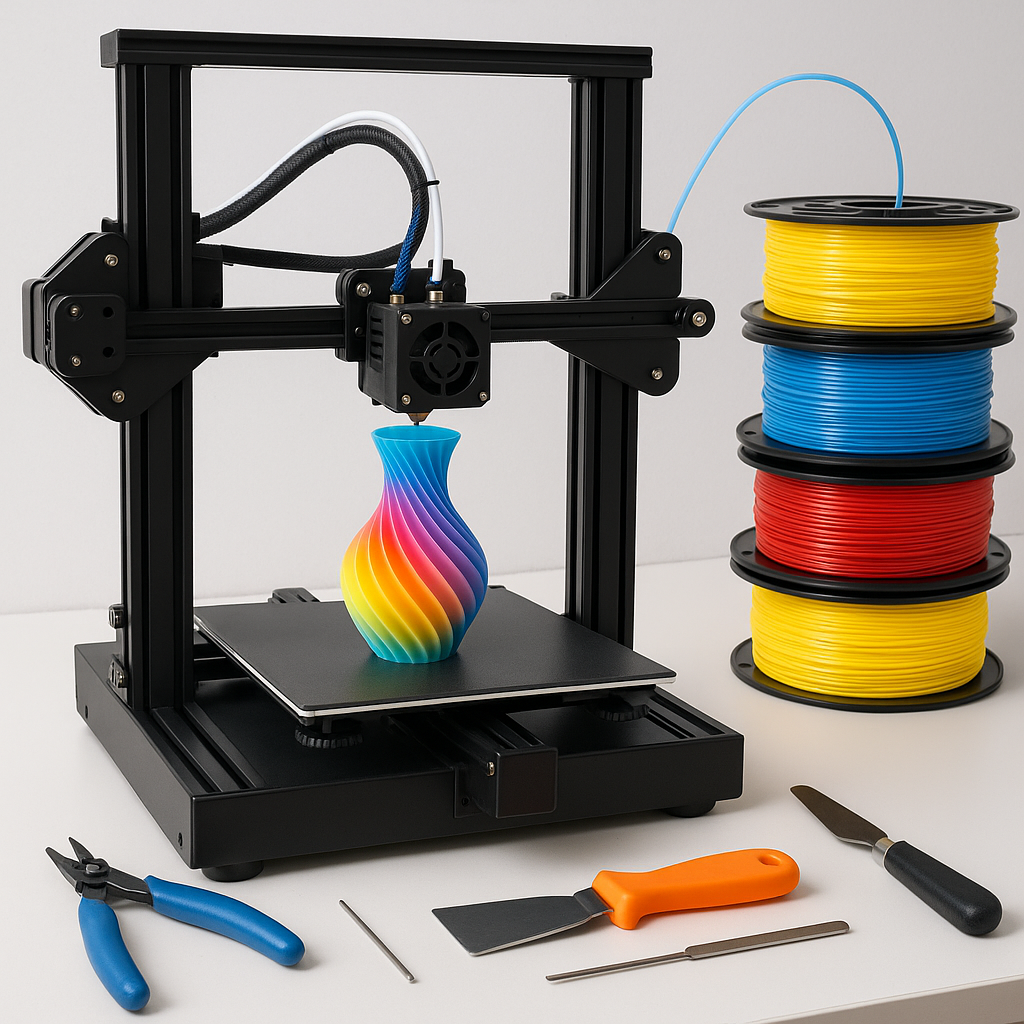 3D printer with filament spools and tools on workbench