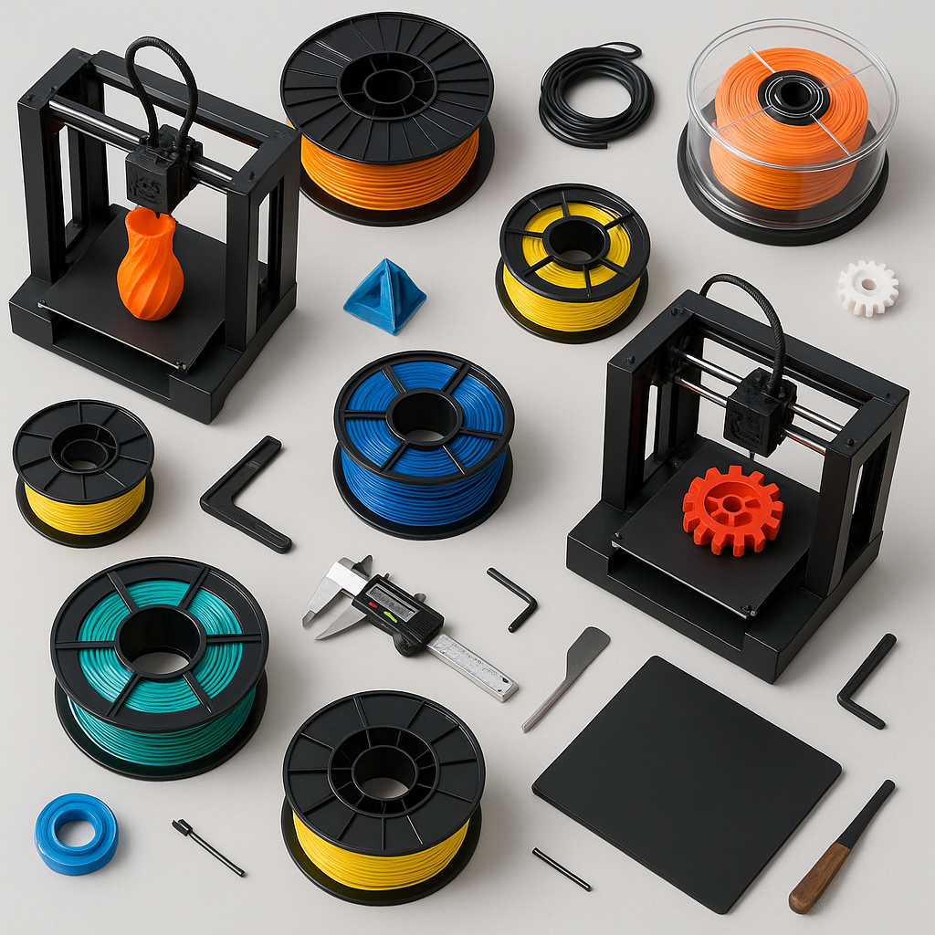 Collage of 3D printers, filaments, and accessories representing top deals for 3D printing