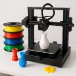 3D printer with filament spools and printed objects