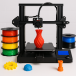 3D printer with filament spools and 3D printed models on a desk