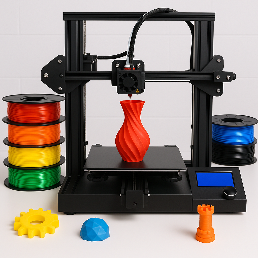 3D printer with filament spools and 3D printed models on a desk