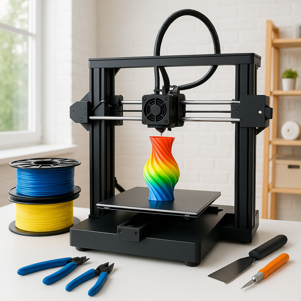 3D printer printing colorful object with filament spools and tools on desk