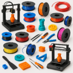 Collage of 3D printers, filaments, and accessories