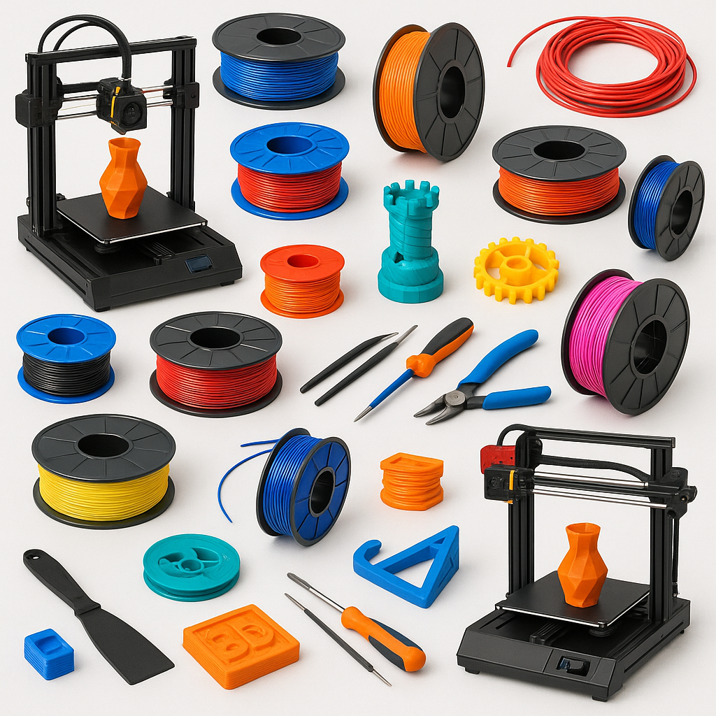 Collage of 3D printers, filaments, and accessories