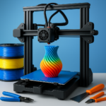 3D printer with colorful filament and tools