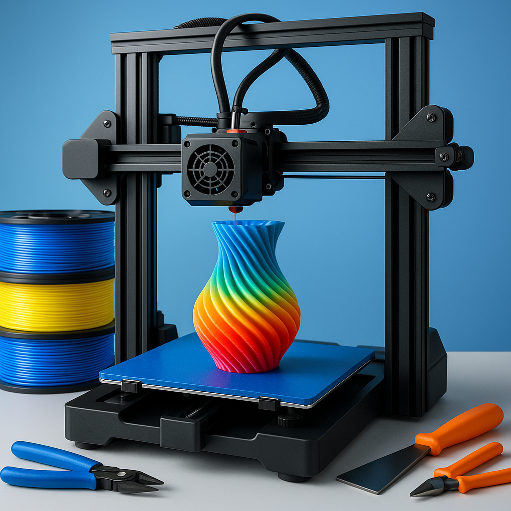 3D printer with colorful filament and tools