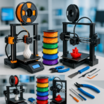 Collage of 3D printers, filament spools, and 3D printing tools