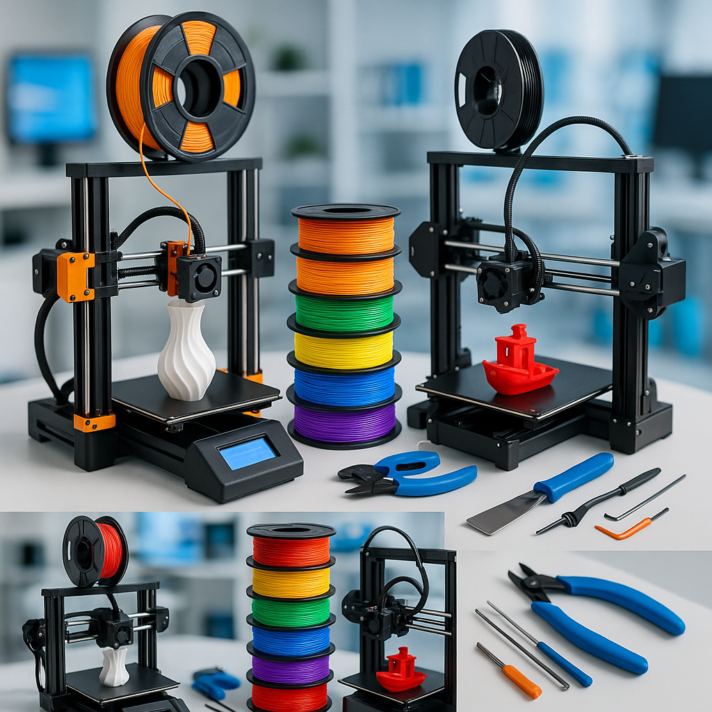 Collage of 3D printers, filament spools, and 3D printing tools