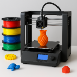 3D printer with colorful filament spools and printed models on a desk