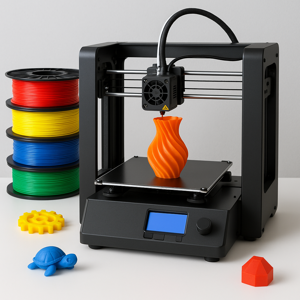 3D printer with colorful filament spools and printed models on a desk