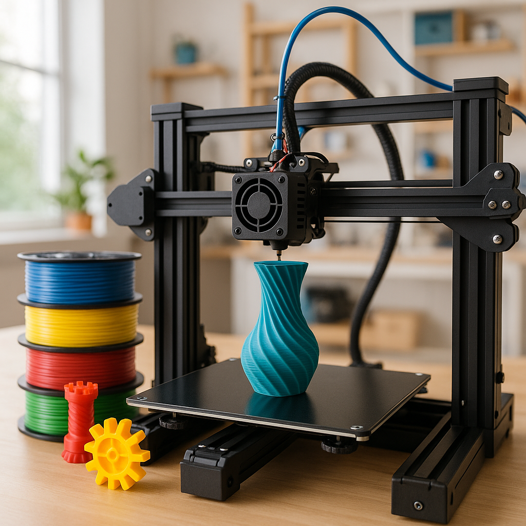 3D printer with colorful filament spools and printed objects in workshop