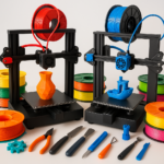 Collage of 3D printers, filaments, and 3D printing tools