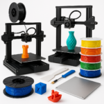 Collage of 3D printers, filaments, and accessories