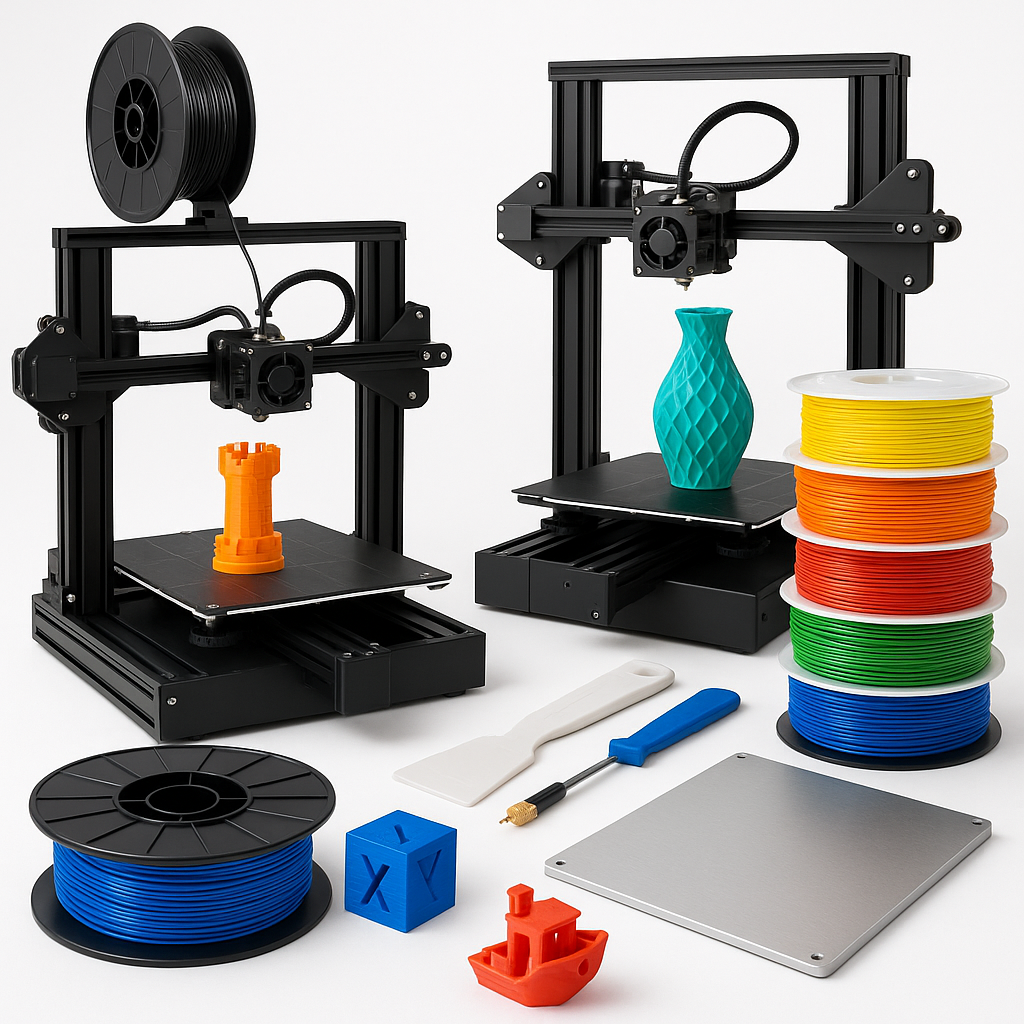 Collage of 3D printers, filaments, and accessories