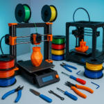 Collage of 3D printers, filament spools, and 3D printing tools