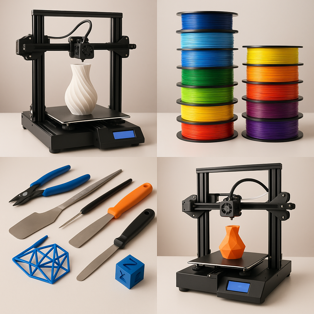Collage of 3D printers, filament spools, and 3D printing tools