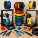 Collage of 3D printers, filaments, and accessories