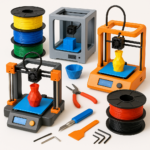 Collage of 3D printers, filaments, and 3D printing tools