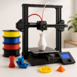 3D printer with filament spools and printed models on workspace