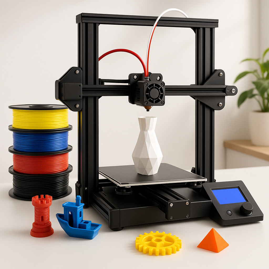 3D printer with filament spools and printed models on workspace