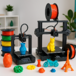 Collage of 3D printers, filaments, and 3D printed models