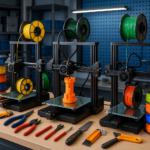 Collage of 3D printers, filament spools, and 3D printing tools
