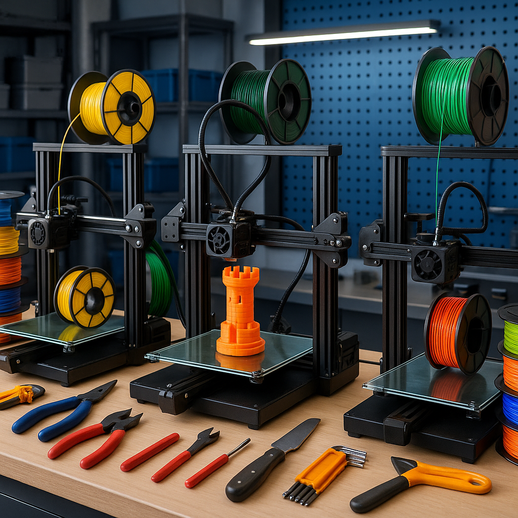Collage of 3D printers, filament spools, and 3D printing tools