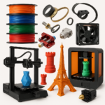 Collage of 3D printers, filaments, and 3D printing accessories