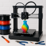 3D printer printing colorful object with filament spools and tools on workbench