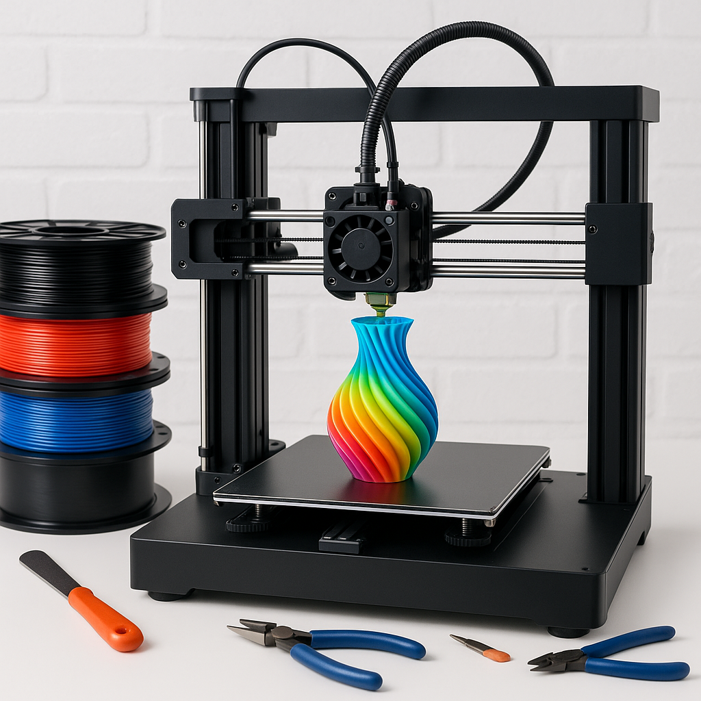 3D printer printing colorful object with filament spools and tools on workbench