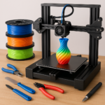 3D printer with filament spools and 3D printing tools on desk
