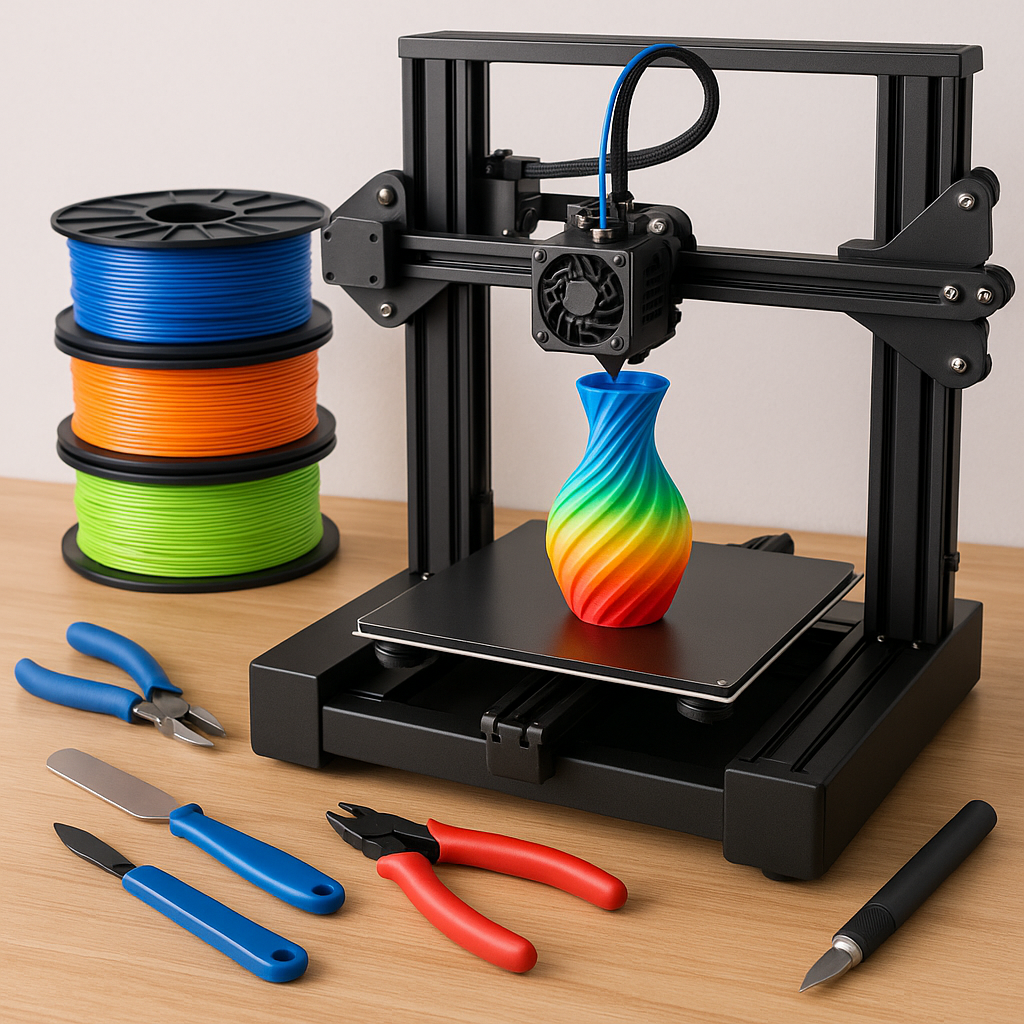 3D printer with filament spools and 3D printing tools on desk