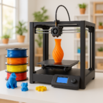 3D printer with filament spools and printed objects on a workbench