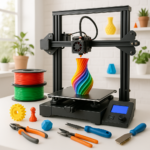 3D printer with colorful filament spools and 3D printing tools on desk