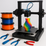 3D printer with colorful filament spools and tools on workbench