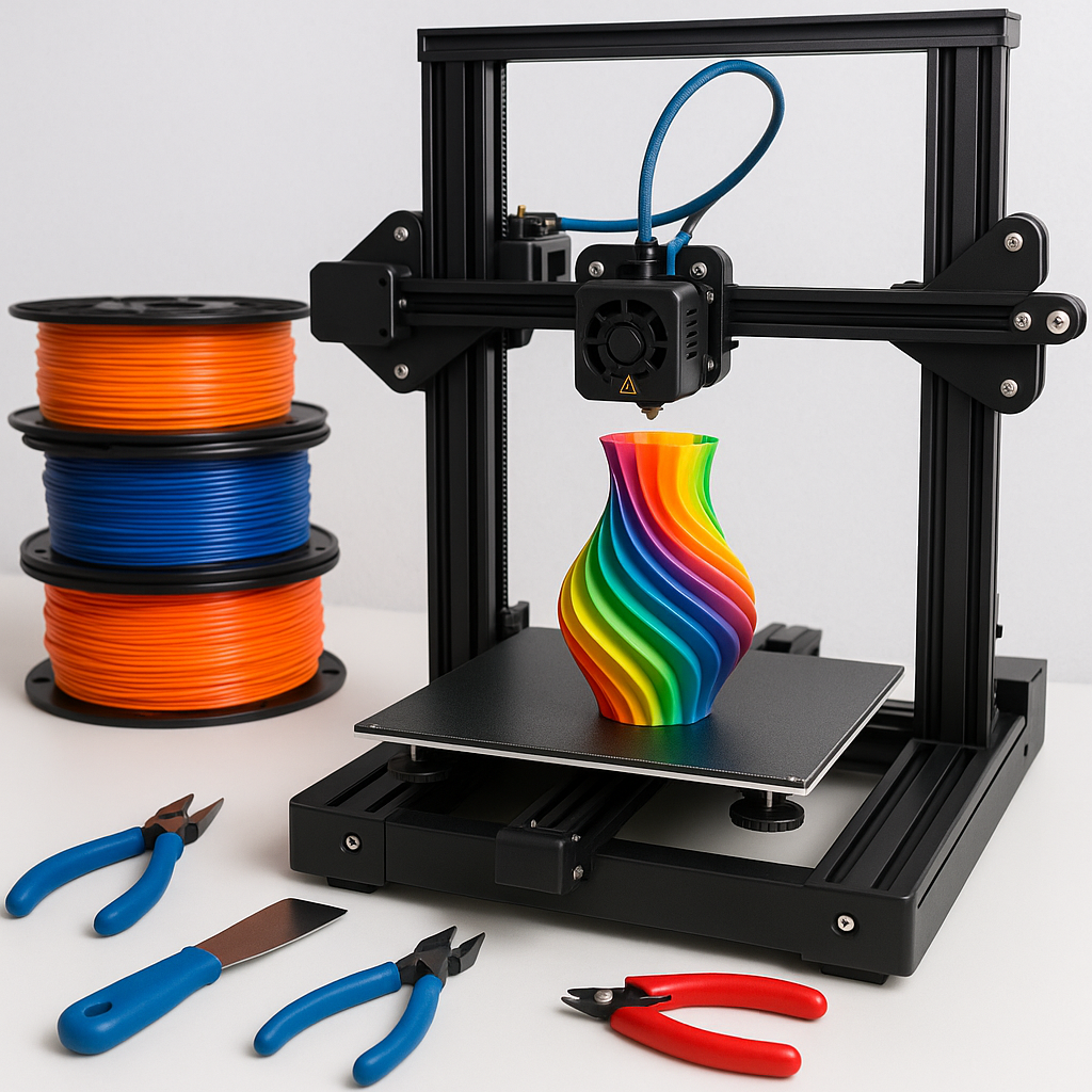 3D printer with colorful filament spools and tools on workbench