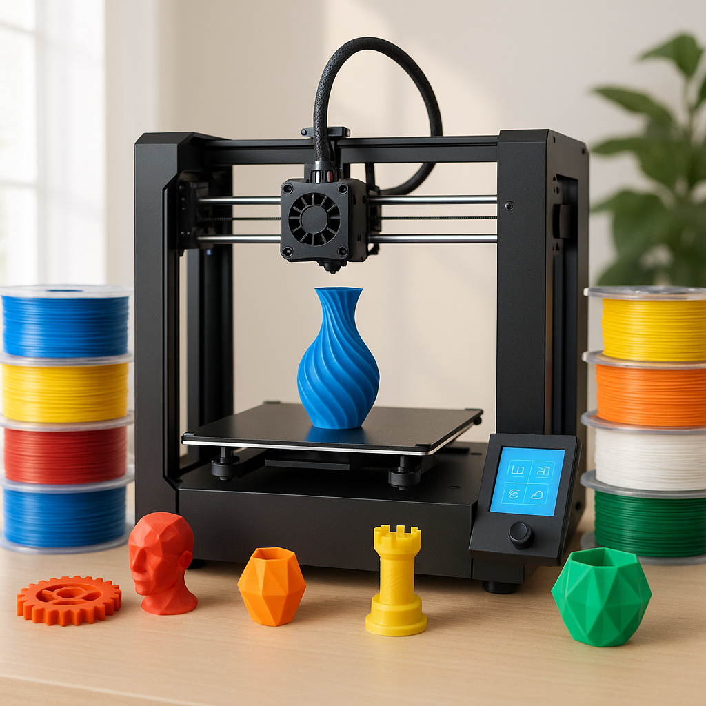 3D printer with filament spools and 3D printed models