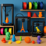 3D printers and colorful filaments on a workbench with 3D printed models