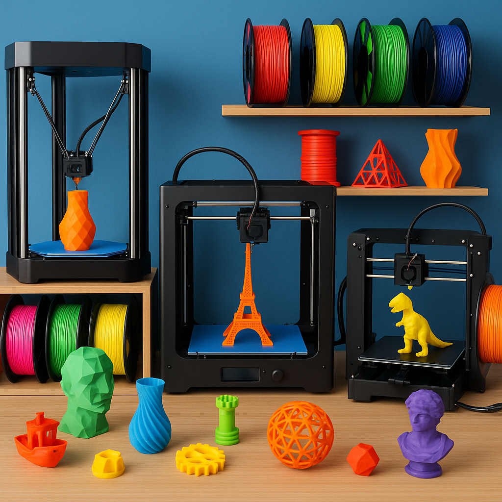 3D printers and colorful filaments on a workbench with 3D printed models