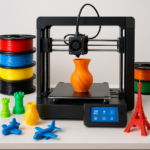 3D printer with colorful filament spools and printed models on workbench