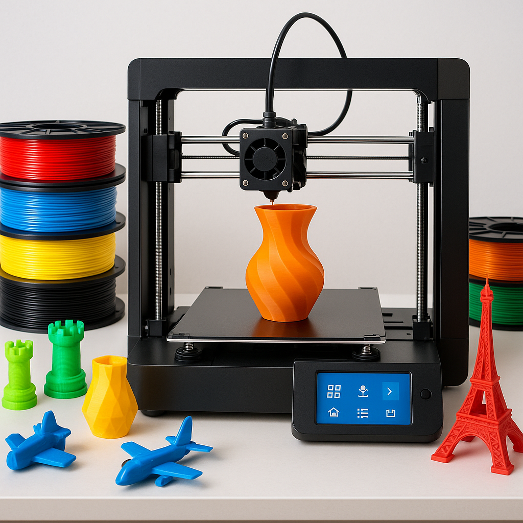 3D printer with colorful filament spools and printed models on workbench