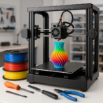 3D printer with filament spools and tools on a workbench