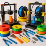 Collage of 3D printers, filaments, and 3D printing accessories