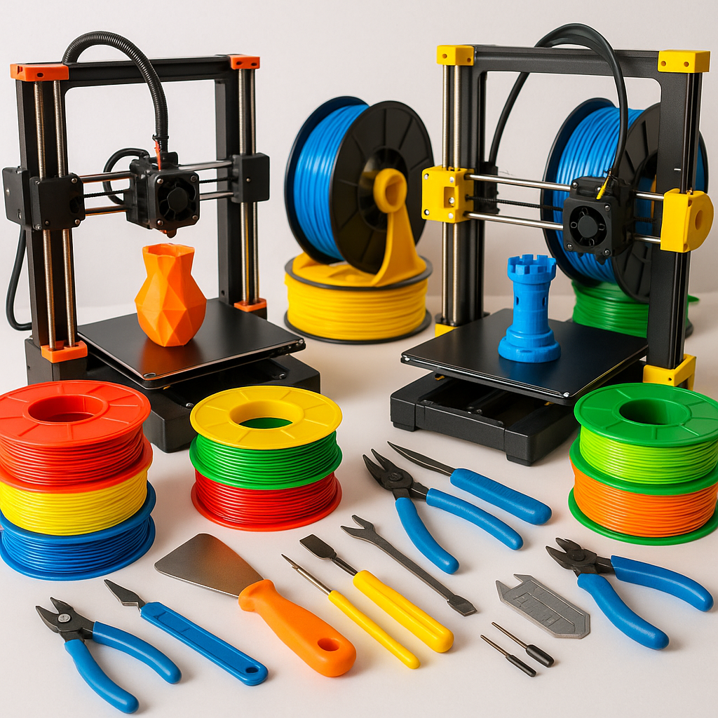 Collage of 3D printers, filaments, and 3D printing accessories